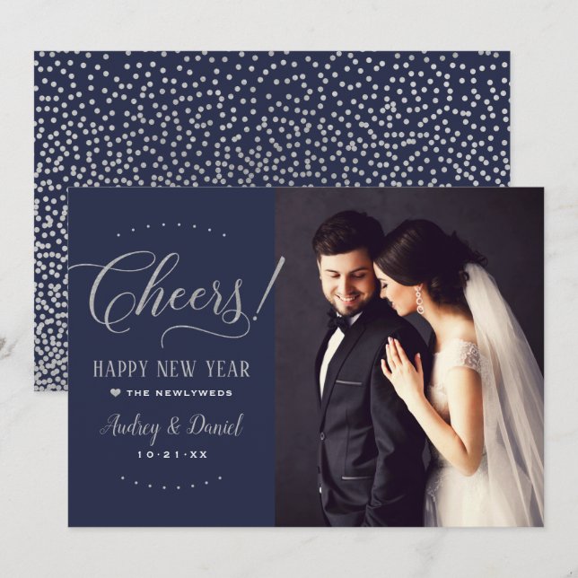 Cheers Silver Navy Happy New Year Wedding Photo Holiday Card (Front/Back)
