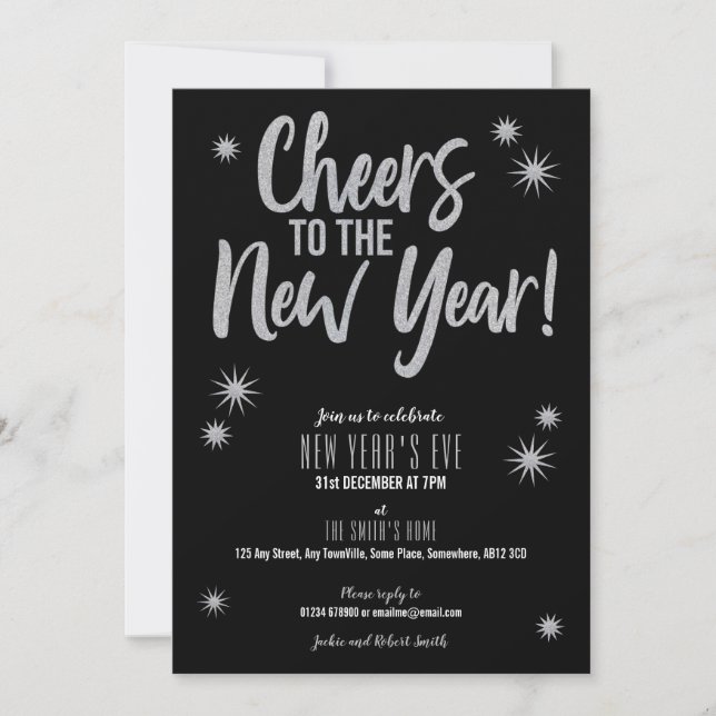 Cheers Silver on Black New Year's Eve invitation (Front)