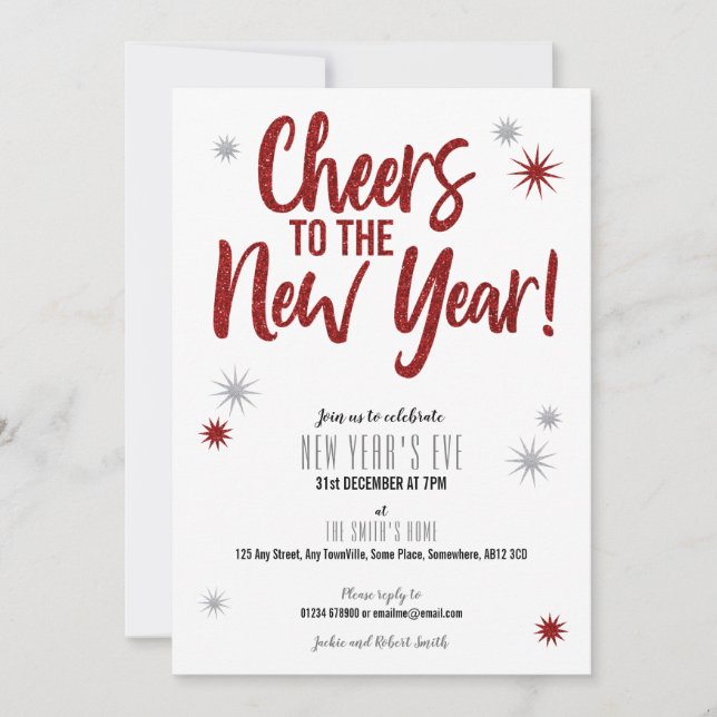 Cheers Silver & Red New Year's Eve invitation (Front)