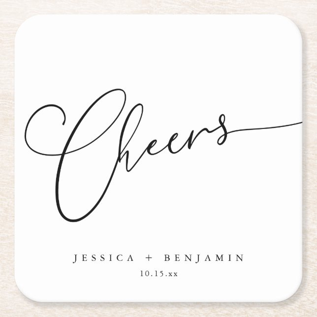Cheers Simple Black White Custom Wedding Names Square Paper Coaster (Front)