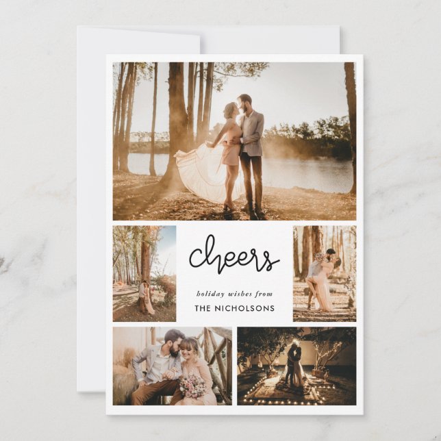 Cheers Simple Handwritten Engaged Couple Photo Holiday Card (Front)
