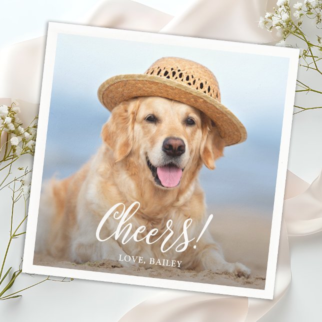 Cheers Simple Modern Custom Photo Pet Dog Wedding Napkin (Creator Uploaded)
