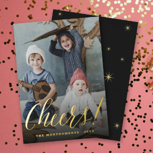 Cheers Simple Script Calligraphy New Year Photo Foil Holiday Card
