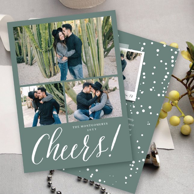Cheers Simple Script Modern Holiday 3 Photo Card (Creator Uploaded)
