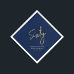Cheers Sixty Modern Navy Blue 60th Birthday Party Napkin<br><div class="desc">This custom paper napkin will add stylish detail to your 60th birthday celebration. This 60th birthday napkin design features simple chic gold lettering "Sixty" with custom text on a navy blue. Matching invitations and party supplies are available in my shop BaraBomDesign.</div>