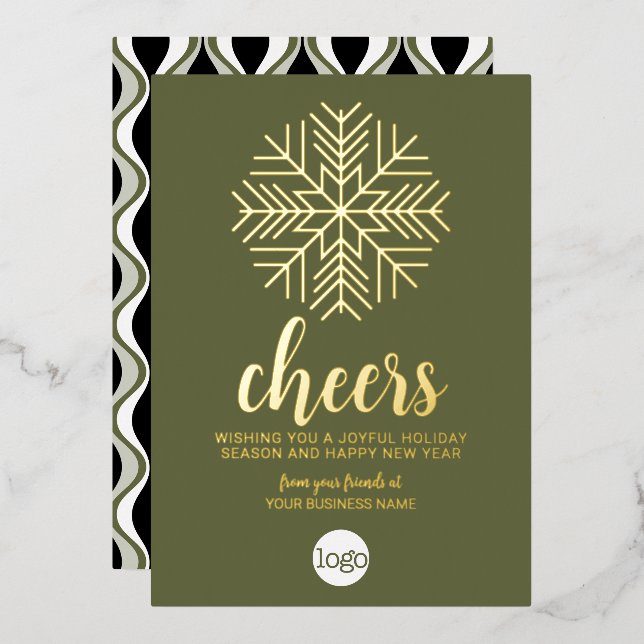 Cheers Snowflake Business Greeting - Green Gold Foil Holiday Card (Front/Back)