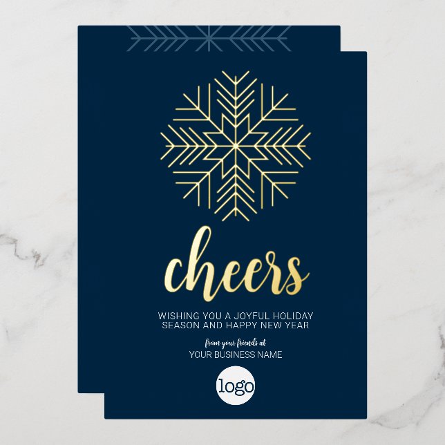 Cheers Snowflake Business Greeting Navy Blue Foil Holiday Card (Front/Back)