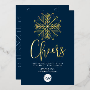 Cheers Snowflake Business Greeting Navy Blue Gold Foil Holiday Card