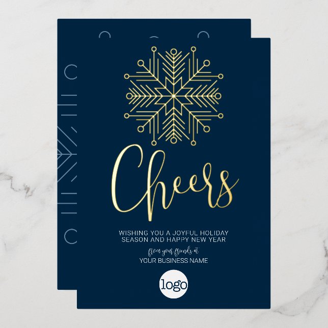 Cheers Snowflake Business Greeting Navy Blue Gold Foil Holiday Card (Front/Back)