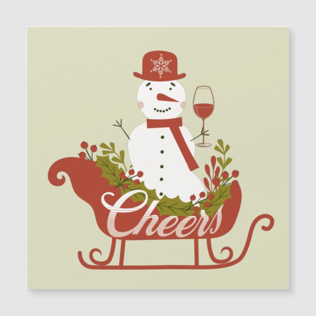 Cheers Snowman with Wine and Sled Christmas Magnet (Front)