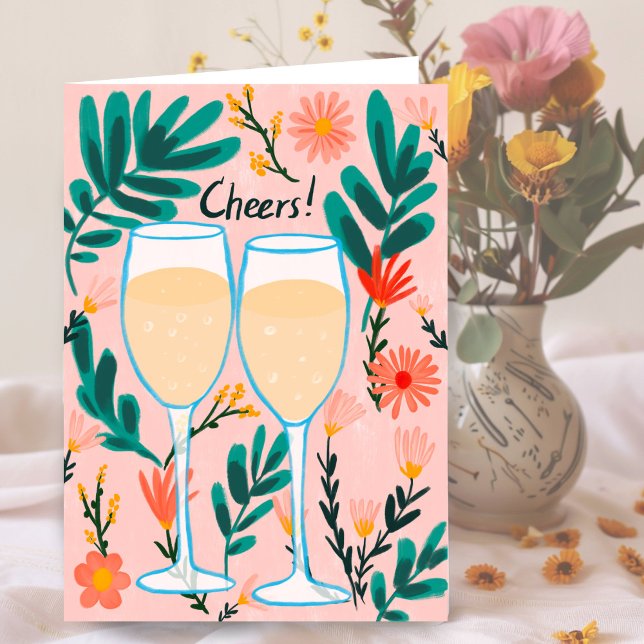 Cheers! Sparkling Wine Champagne Flowers Congrats  Card (Cheers! Sparkling Wine Champagne Flowers Congrats Card Wedding Engagement Anniversary)