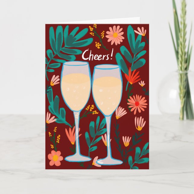 Cheers! Sparkling Wine Champagne Flowers Congrats  Card (Front)