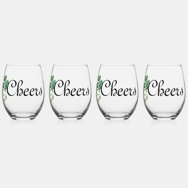 ☘️ Cheers St. Patrick’s Day Clover Stemless Wine Glass (Front)