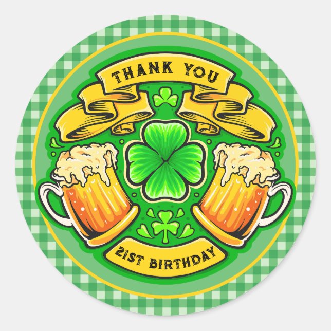 Cheers St. Patrick's Day Shamrock 21st Birthday  Classic Round Sticker (Front)