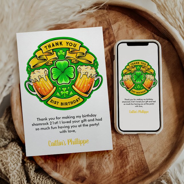 Cheers St. Patrick's Day Shamrock 21st Birthday  Thank You Card (Creator Uploaded)