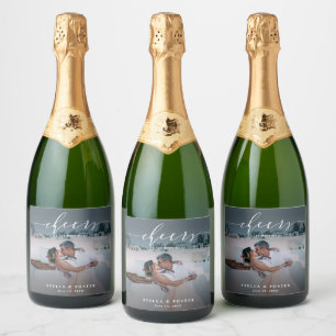 Cheers Stylish White Script Photo Wedding  Sparkli Sparkling Wine Label