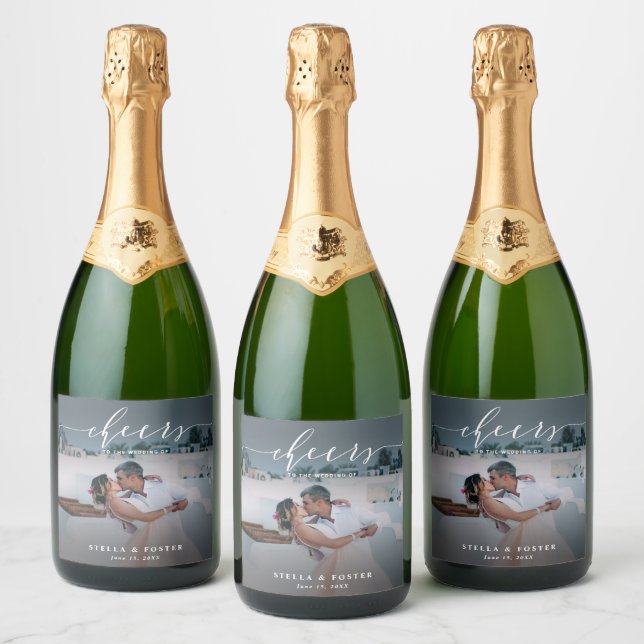 Cheers Stylish White Script Photo Wedding  Sparkli Sparkling Wine Label (Bottles)