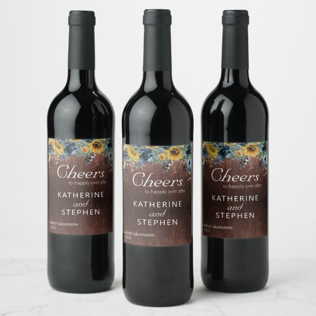 Cheers Sunflower Wood Rustic Wedding  Wine Label (Bottles)