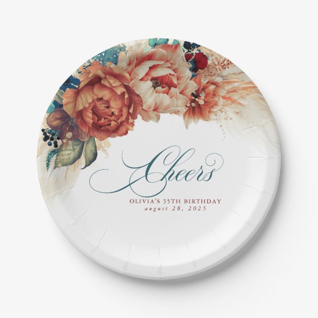Cheers Teal Blue Terracotta Floral Pampas Grass Paper Plate (Front)