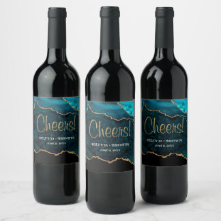 Cheers Teal Gold Glitter Agate Marble Wedding Wine Label