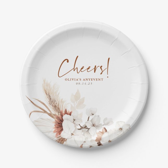 Cheers Terracotta White Floral Any Party Paper Plate (Front)