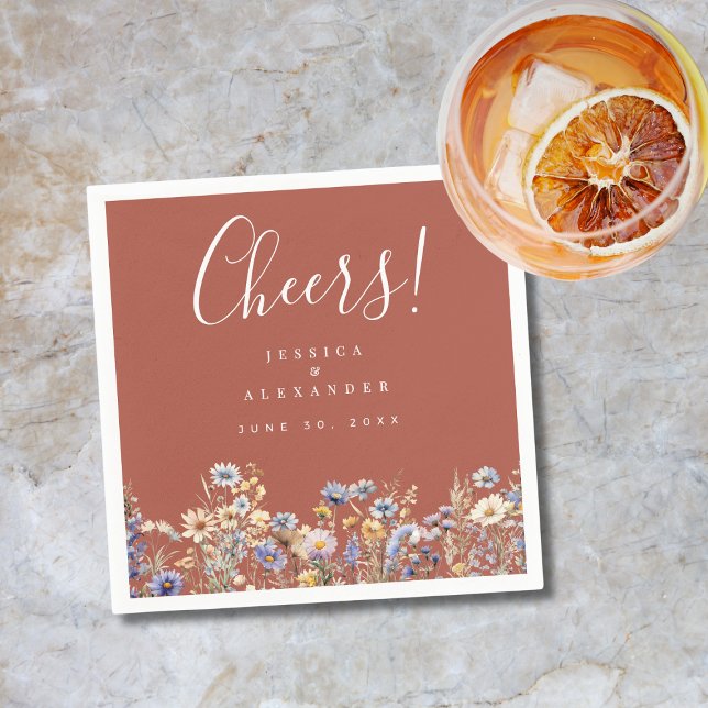 Cheers Terracotta Wildflowers Elegant Wedding Napkin (Cheers Terracotta  Wildflowers Cocktail Wedding Napkin with Dusty Blue Flowers, Couple Names, Date.)