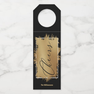 CHEERS Text Gold Foil on Black Bottle Tag