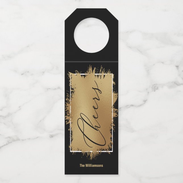 CHEERS Text Gold Foil on Black Bottle Tag (Front)
