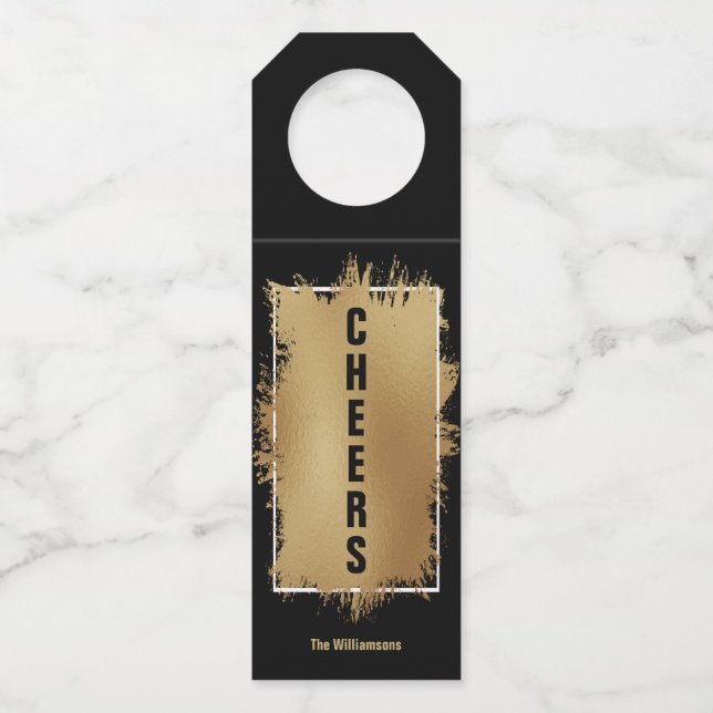 CHEERS Text Gold Foil on Black Bottle Tag (Front)
