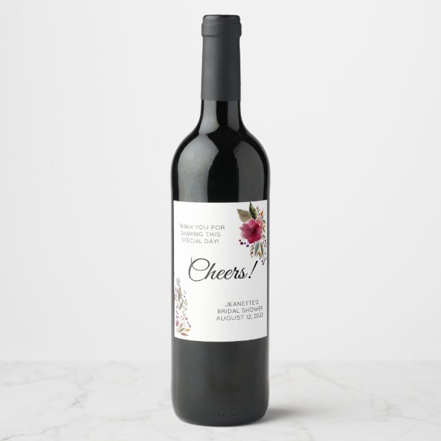 Cheers Thank You Burgundy Flowers Bridal Shower Wine Label (Front)