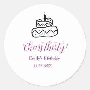 Cheers thirty birthday cake black scribble hand classic round sticker