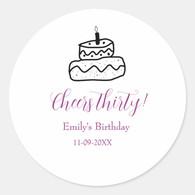 Cheers thirty birthday cake black scribble hand classic round sticker (Front)