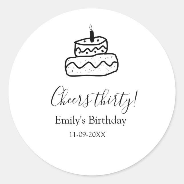 Cheers thirty birthday cake black scribble hand classic round sticker (Front)