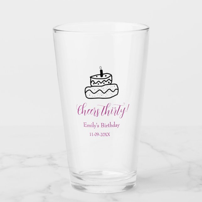 Cheers thirty birthday cake black scribble hand glass (Front)