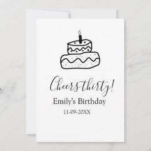Cheers thirty birthday cake black scribble hand invitation