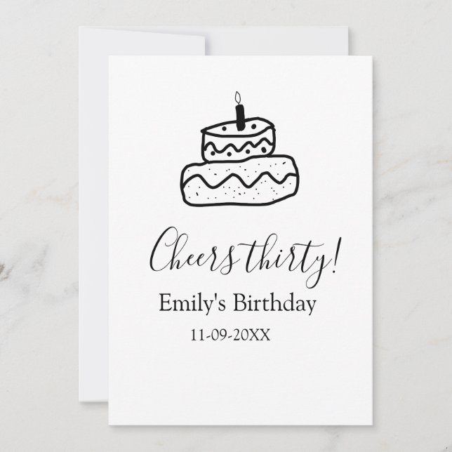Cheers thirty birthday cake black scribble hand invitation (Front)