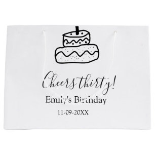 Cheers thirty birthday cake black scribble hand large gift bag