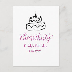 Cheers thirty birthday cake black scribble hand postcard