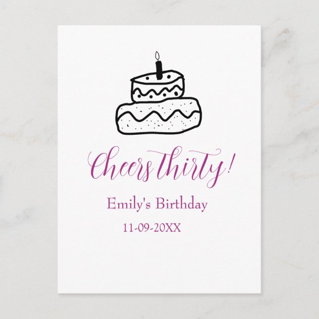 Cheers thirty birthday cake black scribble hand postcard (Front)