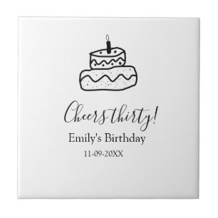 Cheers thirty birthday cake black scribble hand tile