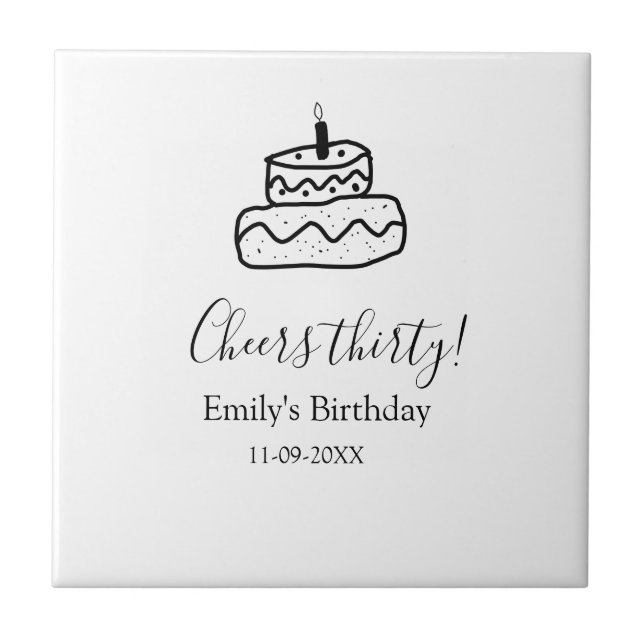 Cheers thirty birthday cake black scribble hand tile (Front)