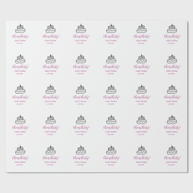 Cheers thirty birthday cake black scribble hand wrapping paper (Flat)