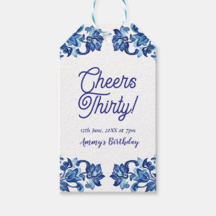 Cheers thirty birthday royal blue floral border na gift tags