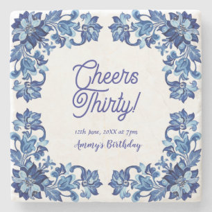 Cheers thirty birthday royal blue floral border na stone coaster