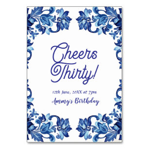 Cheers thirty birthday royal blue floral border na table number