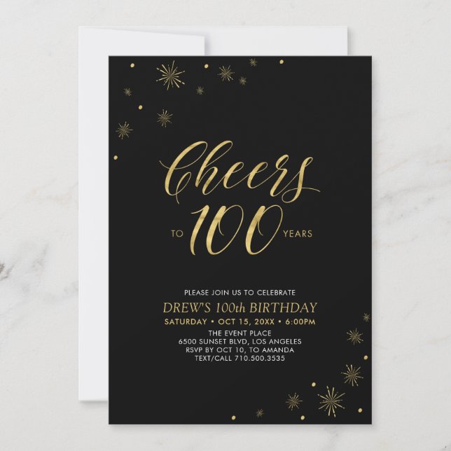 Cheers to 100 | Gold & Black 100th Birthday Party Invitation (Front)