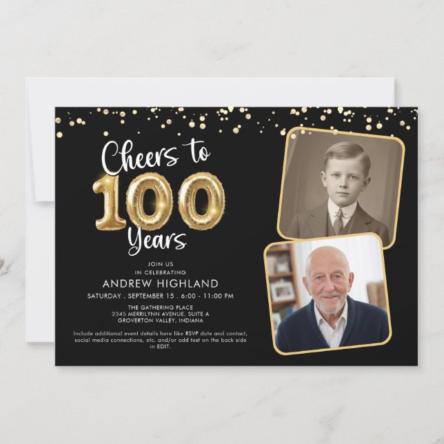 Cheers to 100 Years 2 Photos Script Balloon Invitation (Front)