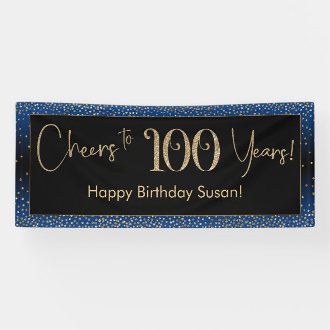 Cheers to 100 Years Birthday, Blue Gold Black Banner (Horizontal)
