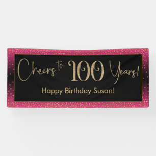 Cheers to 100 Years Birthday, Deep Pink Gold Black Banner