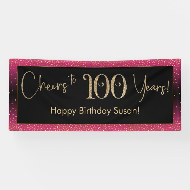 Cheers to 100 Years Birthday, Deep Pink Gold Black Banner (Horizontal)